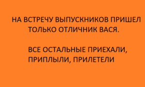 Надпись: "На встречу пришел только отличник Вася. Все остальные приехали, приплыли, прилетели.”